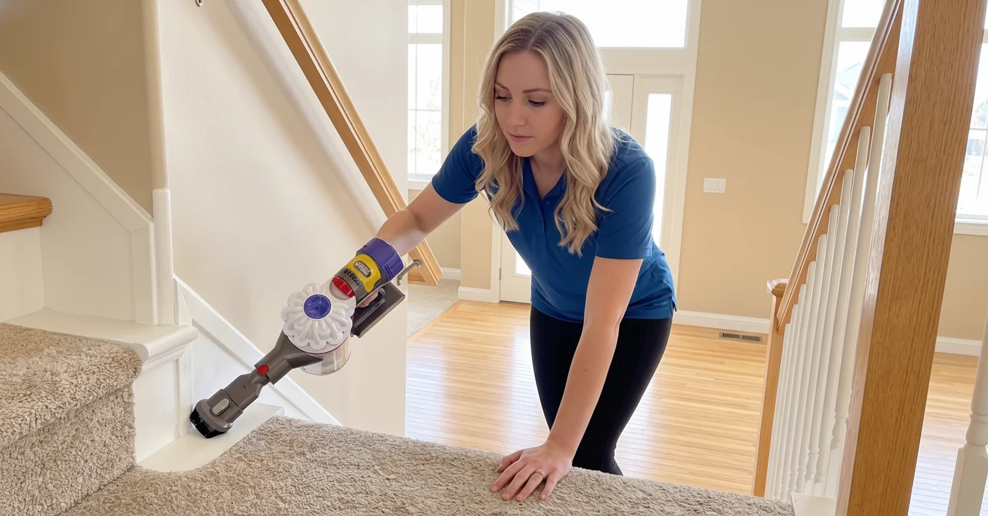 Deep Care professional house cleaner in a blue polo using a cordless Dyson stick vacuum to clean carpeted stairs in a bright Fargo home with hardwood floors and white railings during a fast-response residential cleaning service