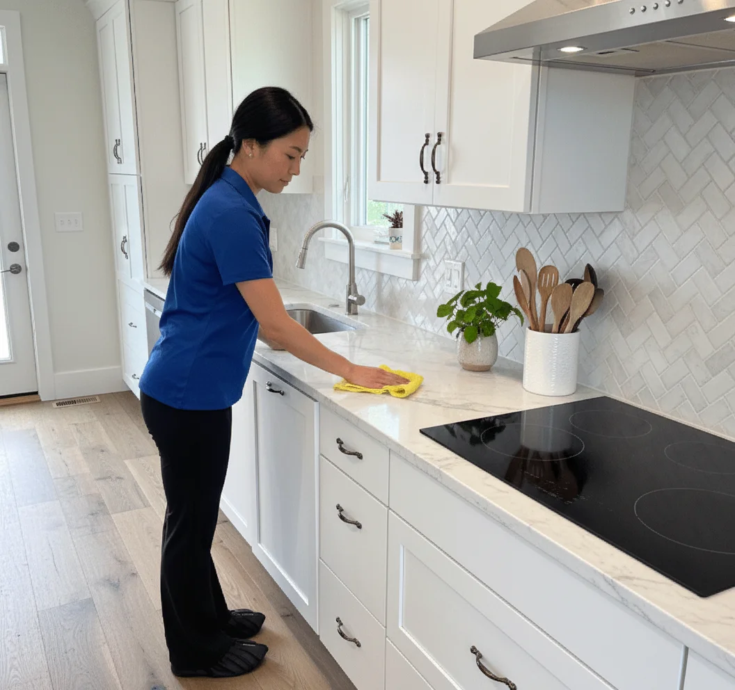 Deep Care professional cleaner in blue uniform wiping marble kitchen countertops in a bright modern Fargo home