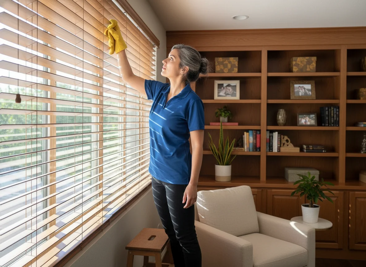 Deep Care professional house cleaner in a blue polo dusting wooden window blinds with a yellow microfiber cloth in a warm Fargo living room with built-in bookshelves and natural light