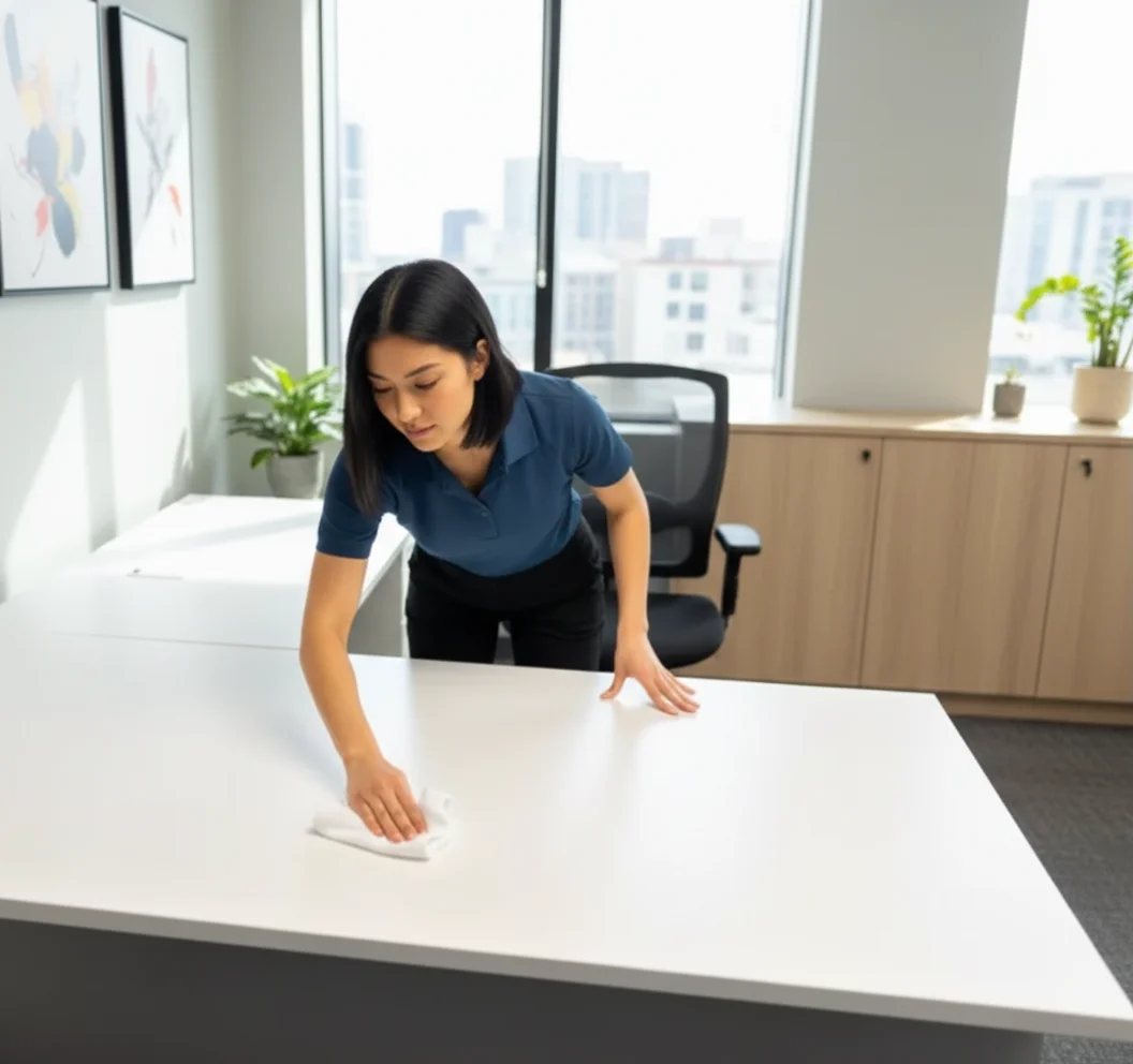 Deep Care professional office cleaner in a navy blue polo wiping a modern white office desk with a microfiber cloth in a bright West Fargo corporate office with floor-to-ceiling windows and city skyline views during a commercial office cleaning service