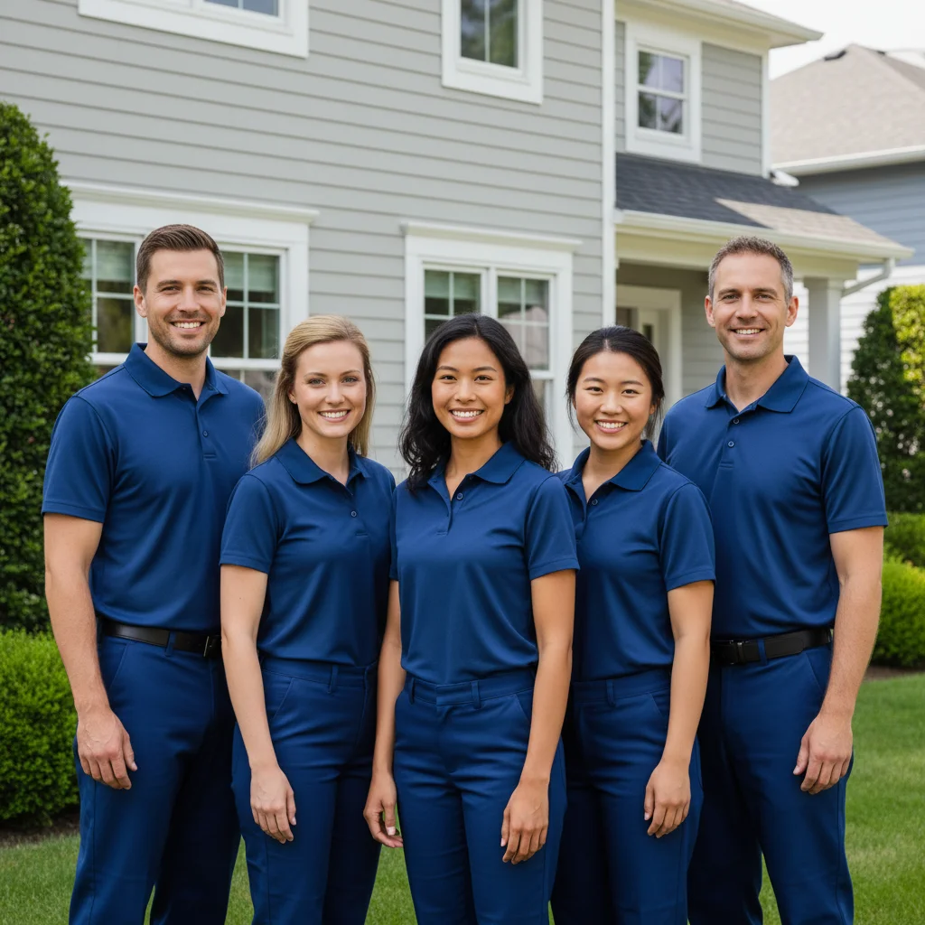 Deep Care trusted professional cleaning team of five smiling background-checked and insured cleaners in matching navy blue polos standing in front of a gray two-story Fargo home offering bonded residential cleaning services