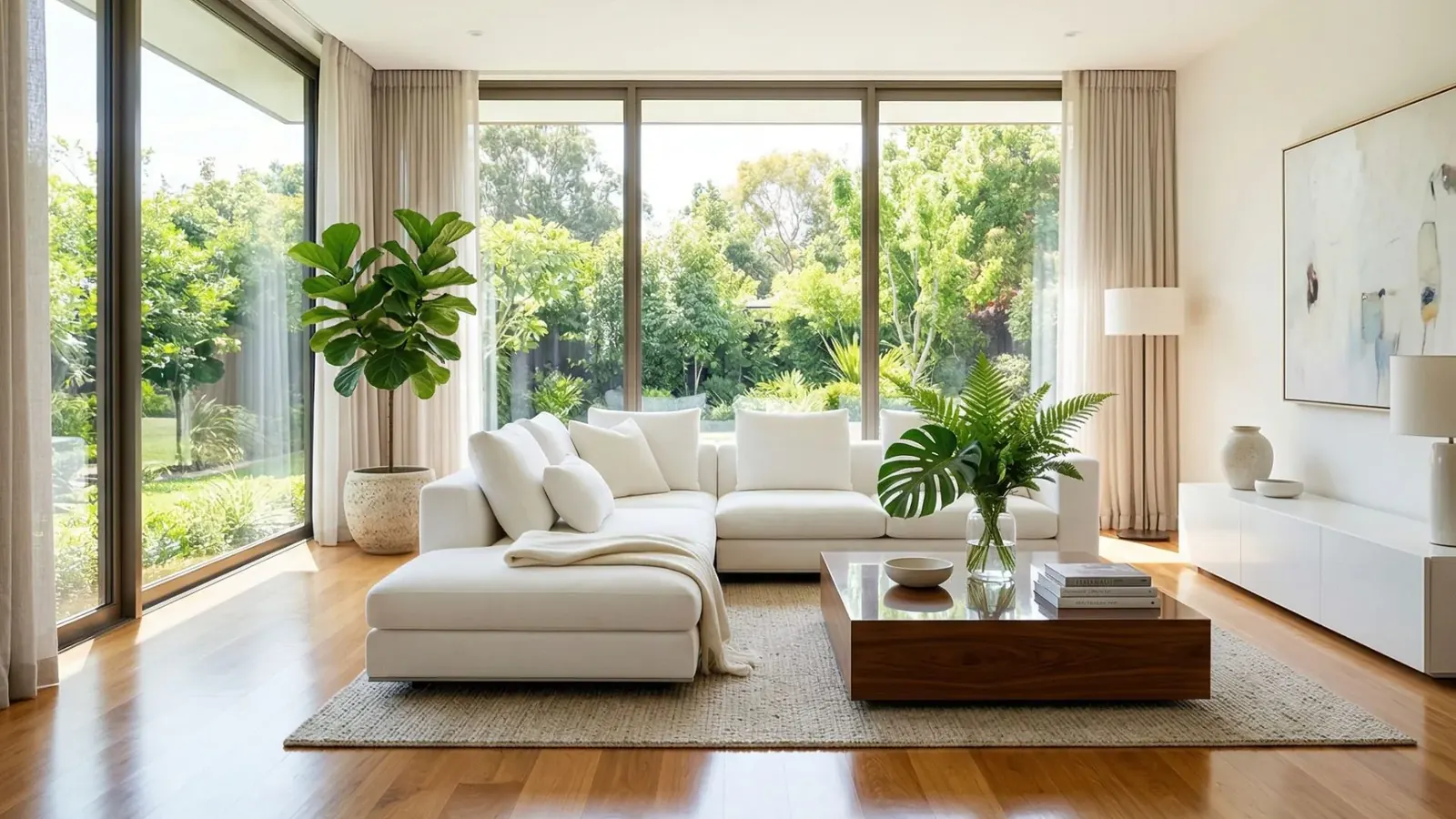Bright modern Fargo, ND living room with white sectional sofa, hardwood floors, and floor-to-ceiling windows after a Deep Care residential deep cleaning